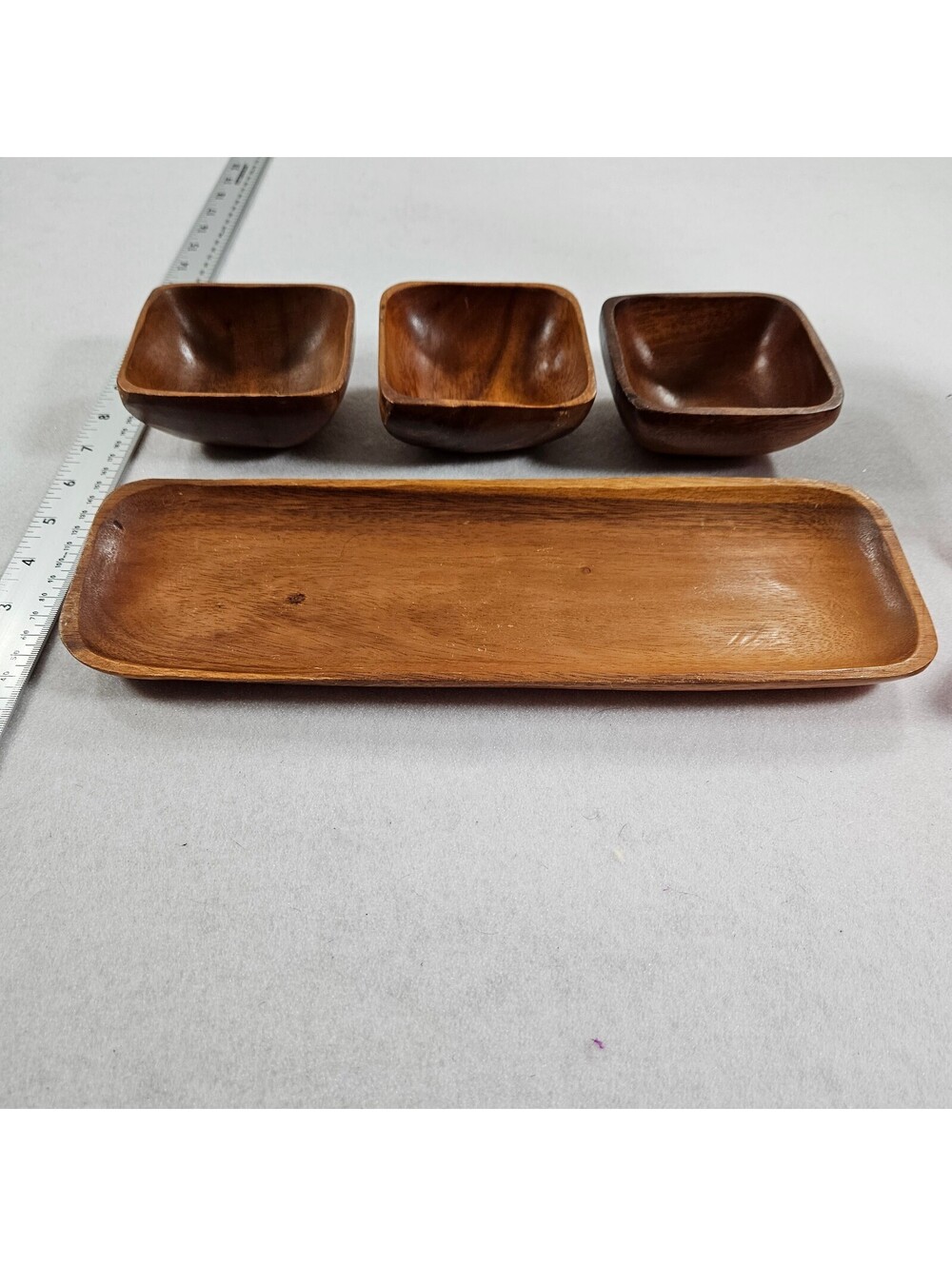 Vintage Wood Serving Tray Set 3 Bowls Philippines Mahogany Condiment Snack - Picture 11 of 12